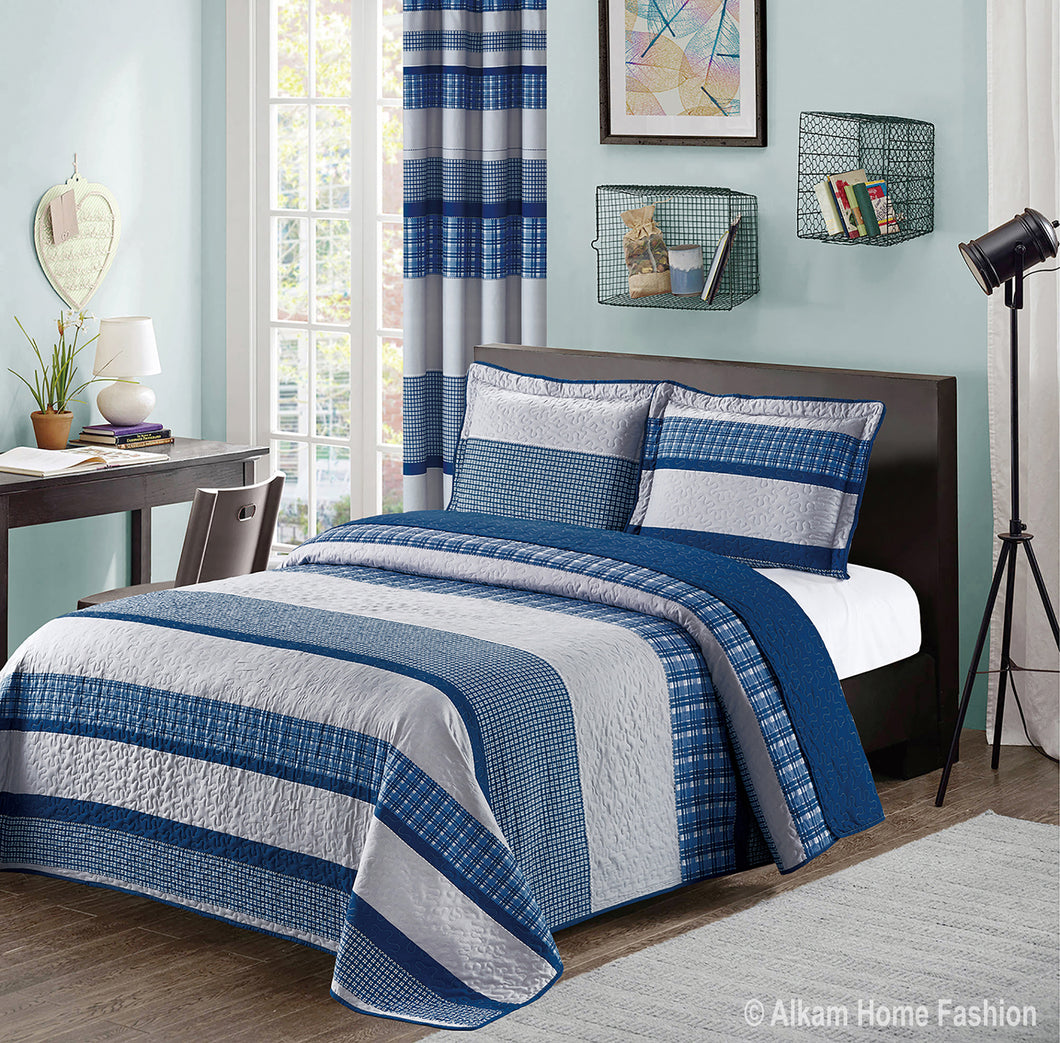 Blue and Gray Modern Plaid Bedspread and Pillow Sham Set | Matching Curtains Available!