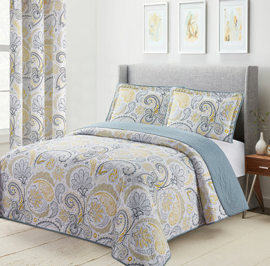 Yellow/Grey Paisley Printed Reversible Bedspread/Quilt Set