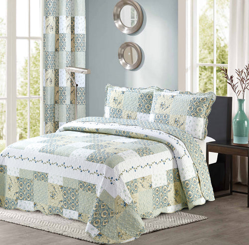 Floral Printed Patchwork Blue/Green Bedspread/Quilt Set